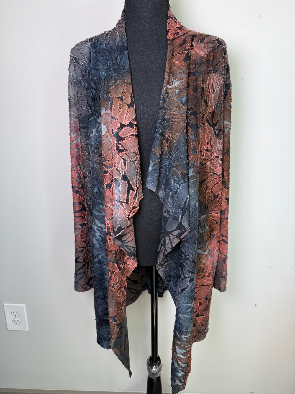 Coco + Carmen Waterfall Cardigan Burnout Floral Jacquard Boho Slate Rust Sz L/XL